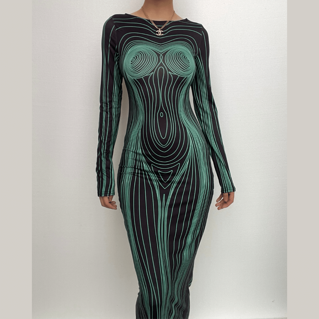Long sleeve round neck contrast abstract body print maxi dress