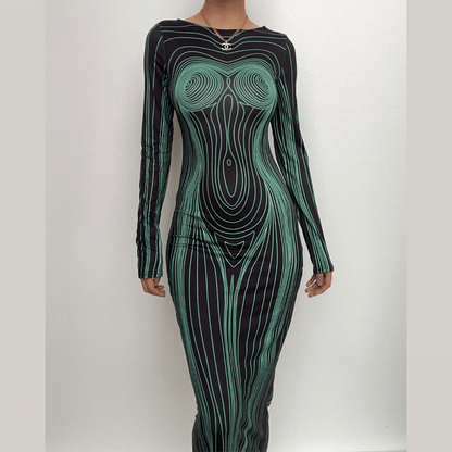 Long sleeve round neck contrast abstract body print maxi dress