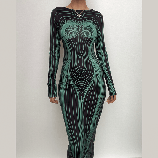 Long sleeve round neck contrast abstract body print maxi dress
