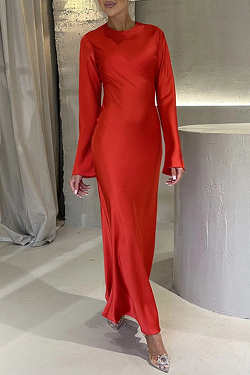 Round Neck Long Sleeves Satin Maxi Party Dress