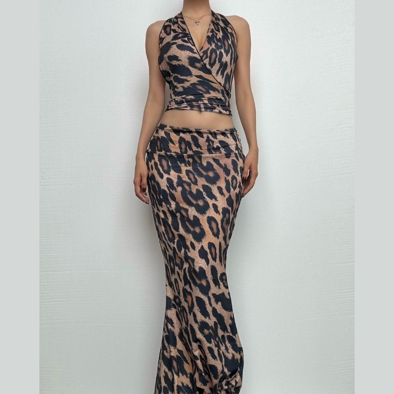 Leopard print halter ruched backless maxi skirt set-final-sale