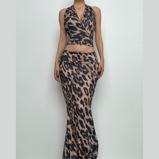 Leopard print halter ruched backless maxi skirt set-final-sale