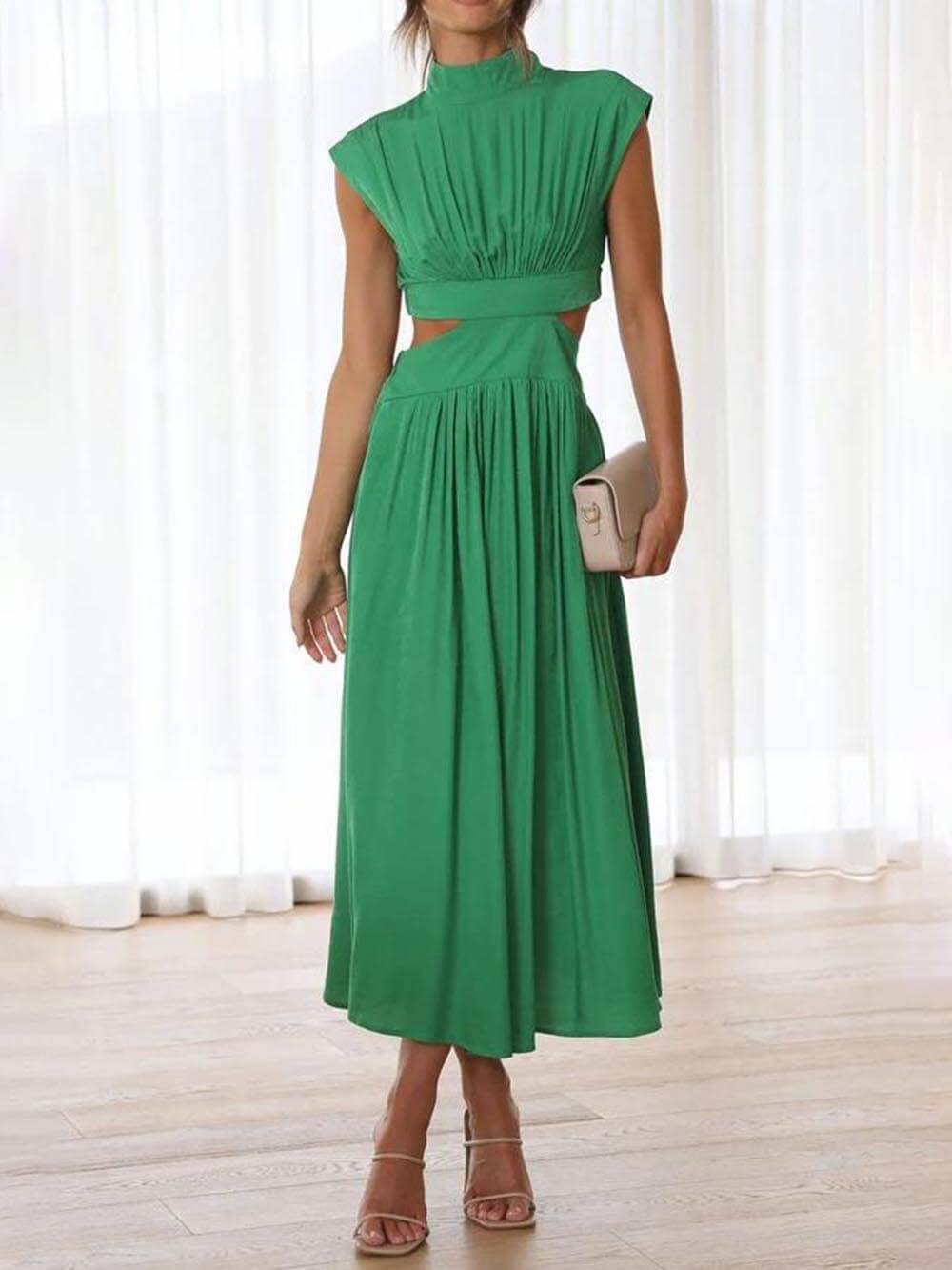 Mock Neck Sleeveless Waist Cutout Pocketed A-Line Midi Dress