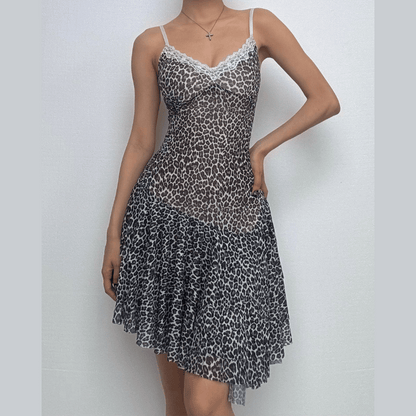 Leopard print lace hem mesh v neck cami mini dress