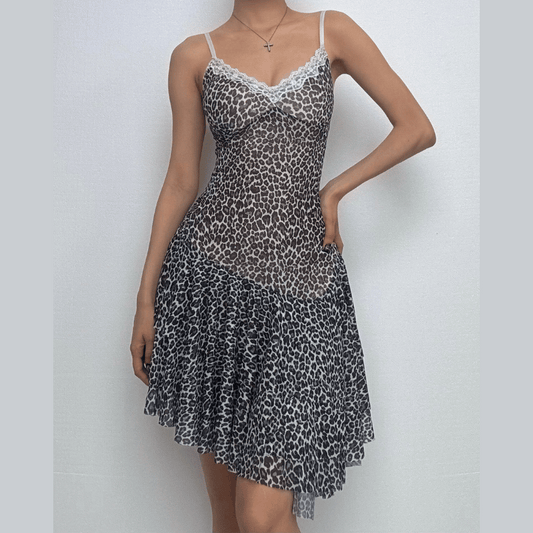 Leopard print lace hem mesh v neck cami mini dress