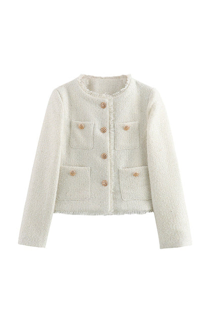 Button Up Frayed Hem Short Tweed Jacket