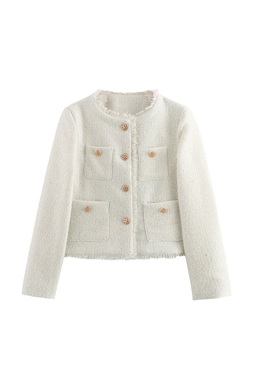 Button Up Frayed Hem Short Tweed Jacket