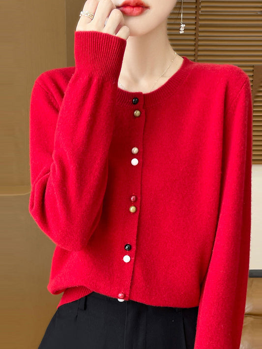 Mya Loose Crew Neck Solid Color Knitted Cardigan-Red