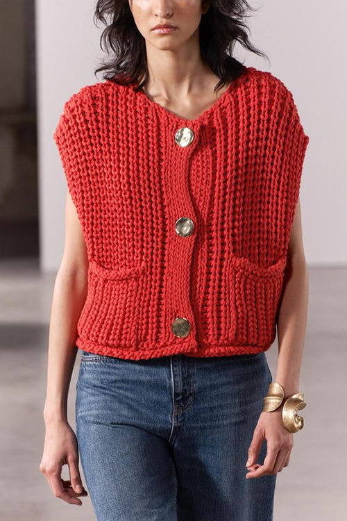 Gold Buttons Pocketed Chunky Sweater Vest