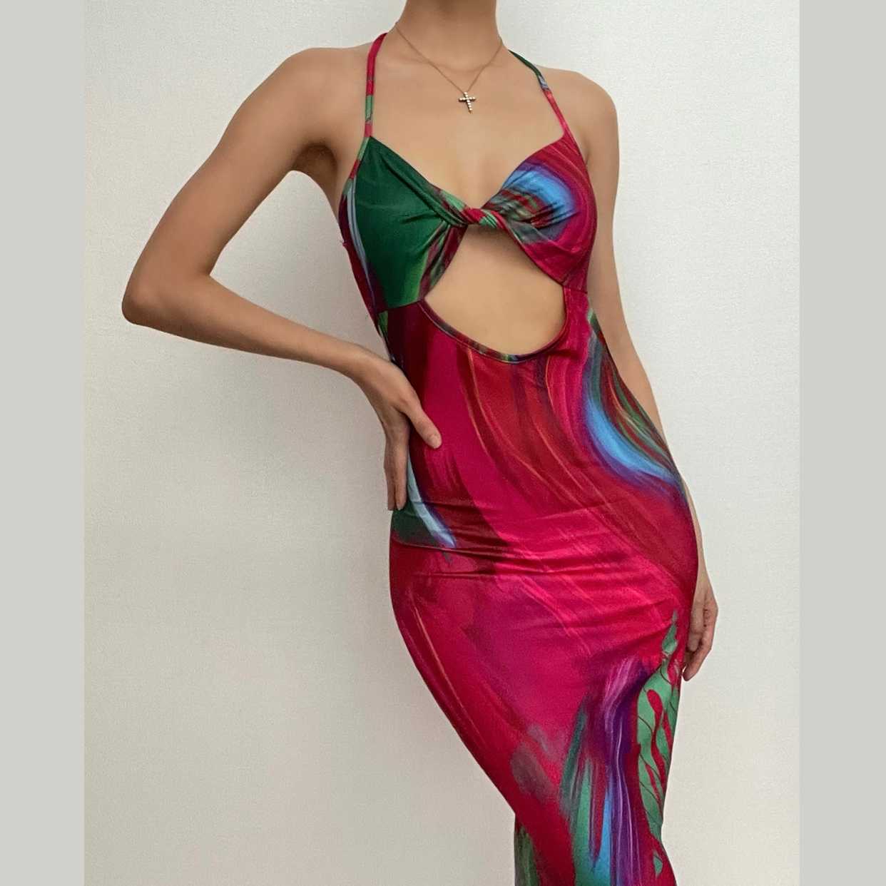 Contrast print halter hollow out knotted backless cut out maxi dress-final-sale