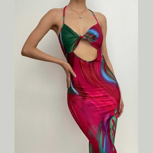 Contrast print halter hollow out knotted backless cut out maxi dress-final-sale