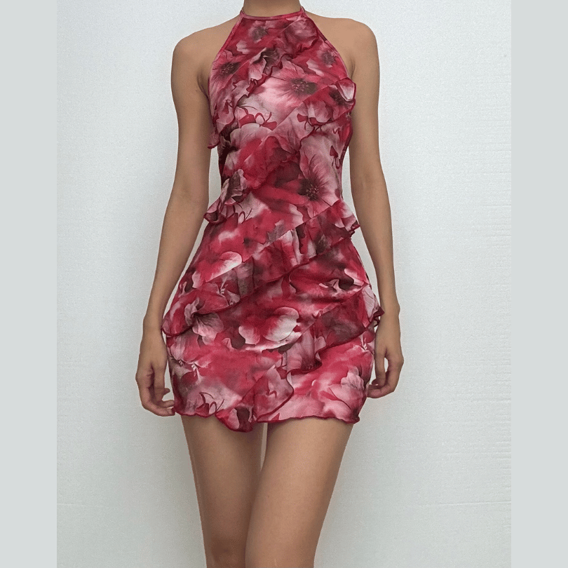 Halter self tie flower print backless ruffle mini dress