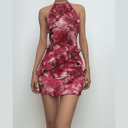 Halter self tie flower print backless ruffle mini dress