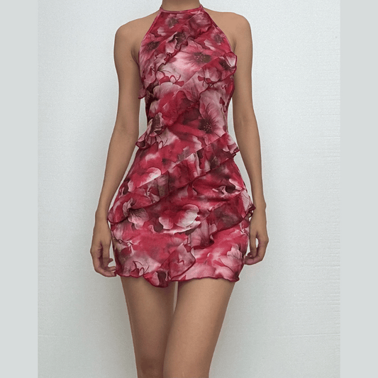 Halter self tie flower print backless ruffle mini dress