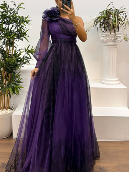 Sloping Shoulders Mesh Printed Reunion Maxi Dresses