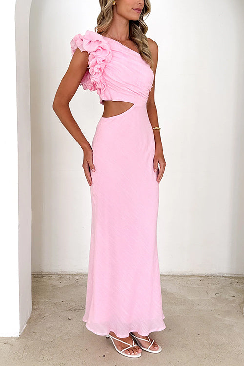 Frill One Shoulder Sleeveless Cut Out Maxi Dress