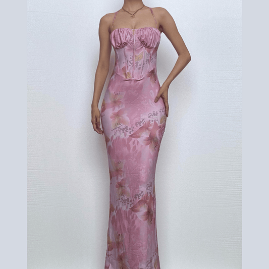 Halter print ruched bustier high slit knotted maxi dress