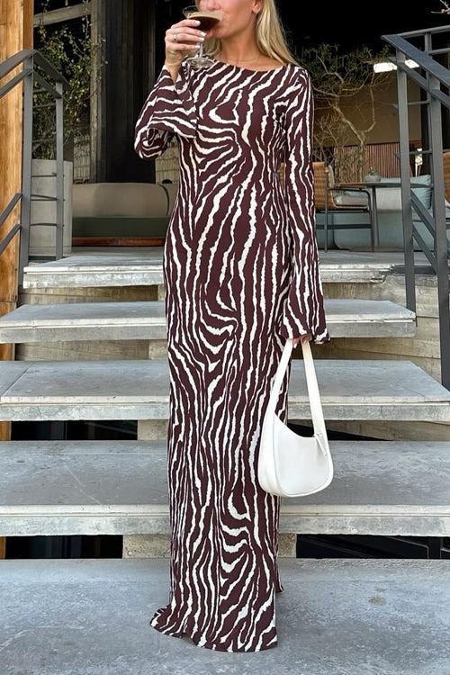 Boat Neck Bell Sleeves Animal Print Maxi Dress