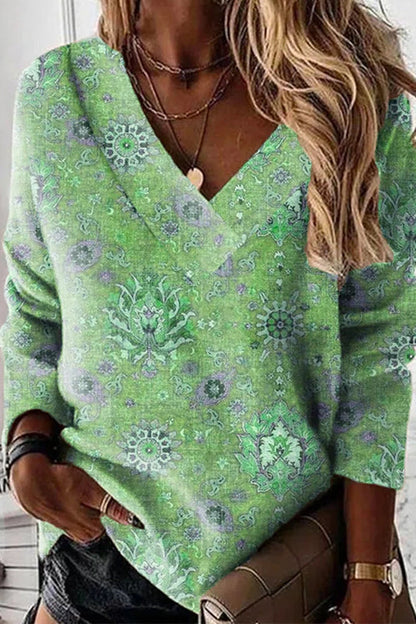 V Neck Long Sleeves Unique Print Top