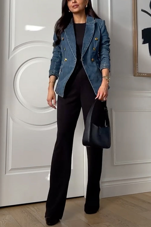 Notch Collar Double Breasted Denim Blazer