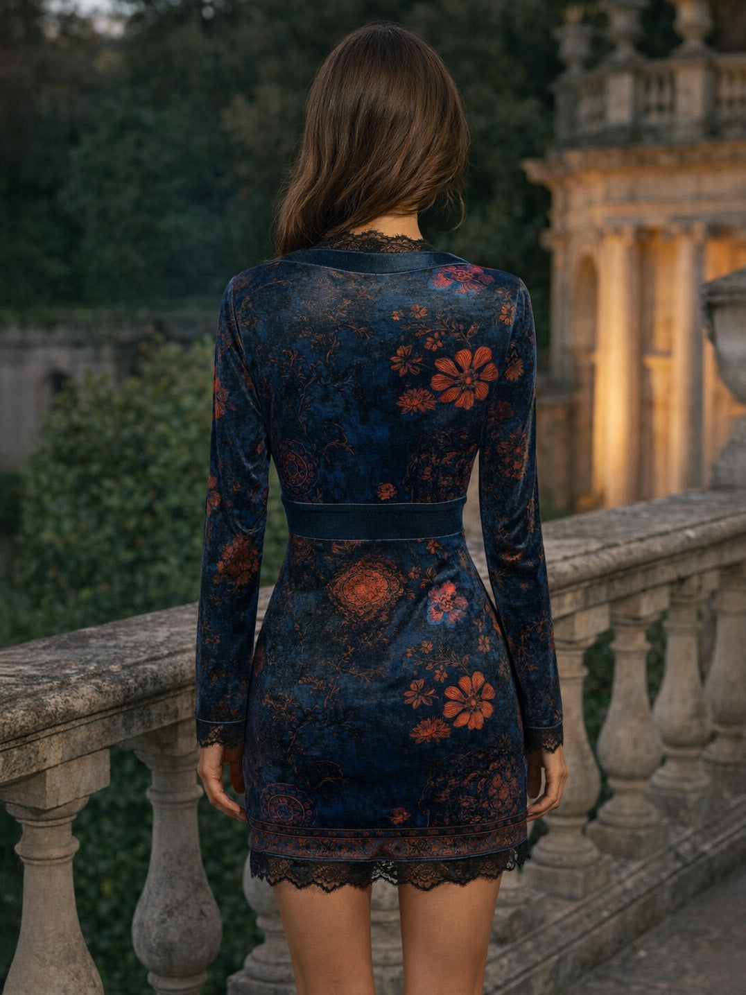 Lace Trim Floral Print Velvet V-Neck Bodycon Long Sleeve Mini Dress For Women 2026