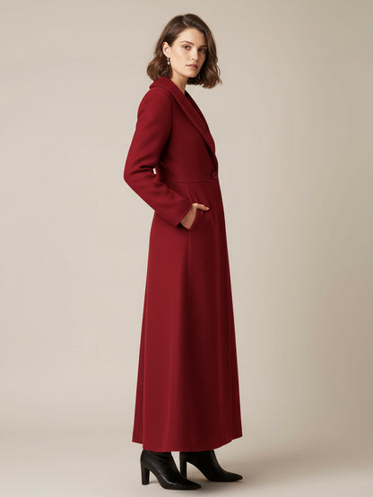 Shawl Collar Full-Length Woolen Coat With A-Line And V-Neck For Women 2026
