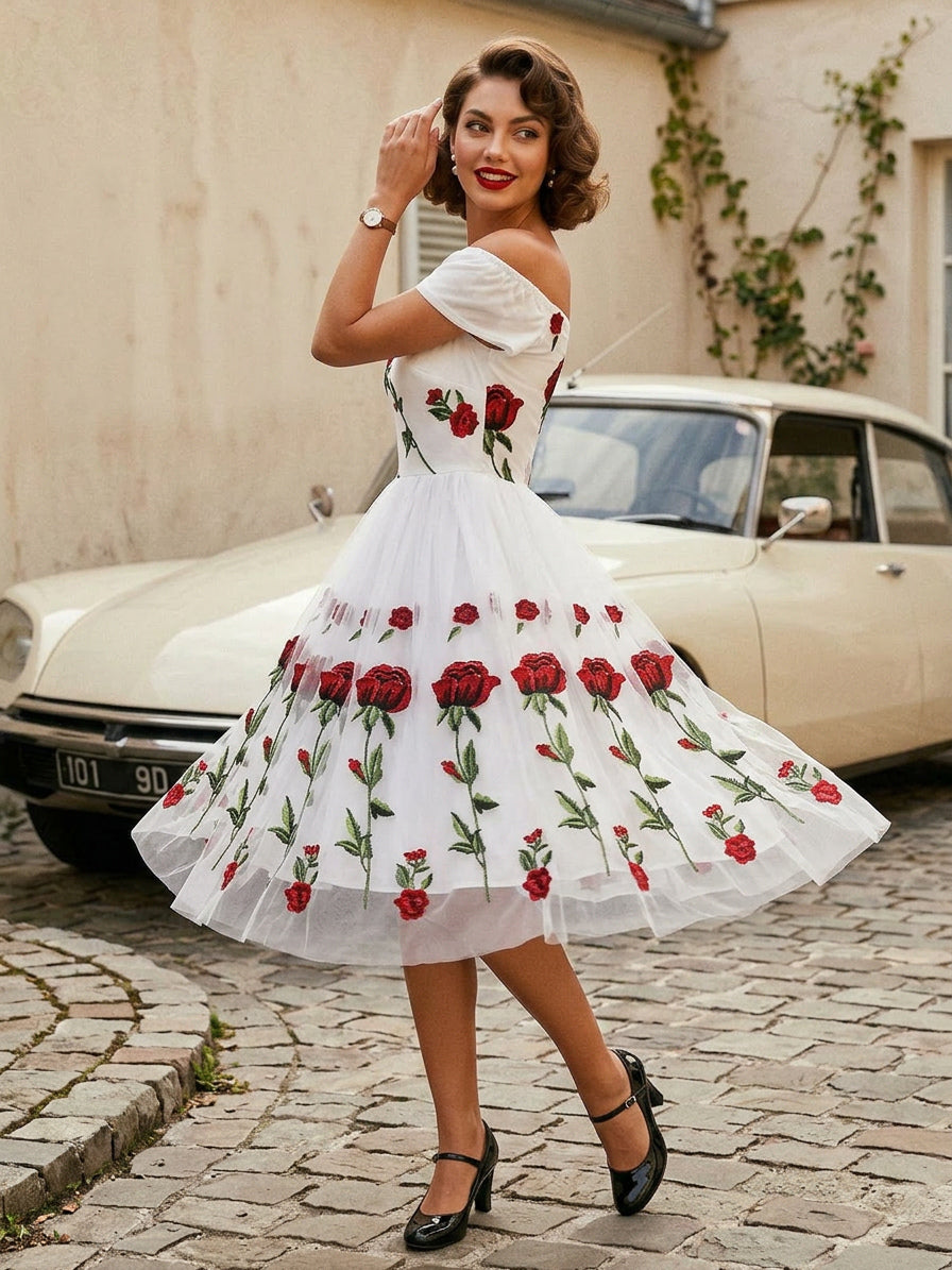 Rose Embroidered Vintage Midi Swing Dress for Women - 1950s Off Shoulder Style A-Line - Summer Tea Party 2026