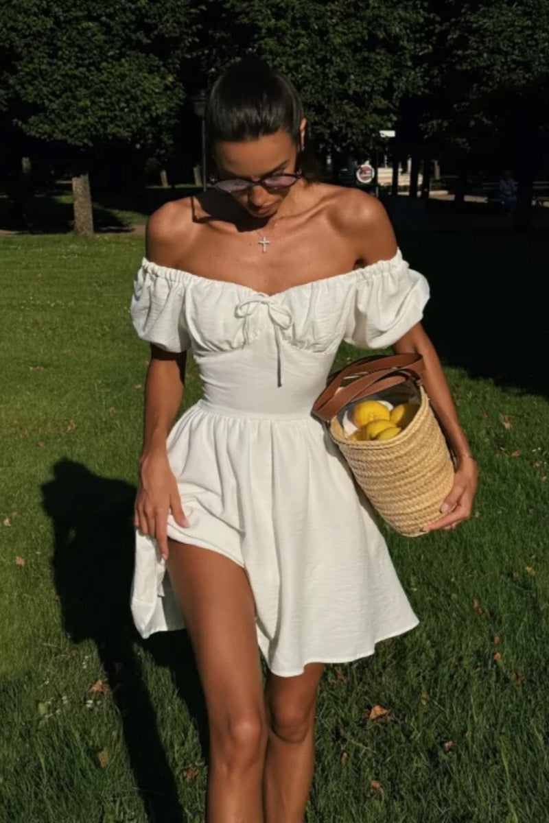 Off Shoulder Puff Sleeve Tie Back Bow A-Line Mini Dress