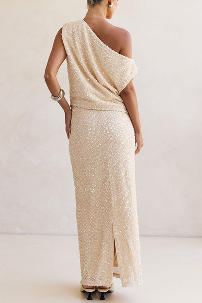Milla Knit Sequin High Rise Side Zipper Slit Straight Maxi Skirt