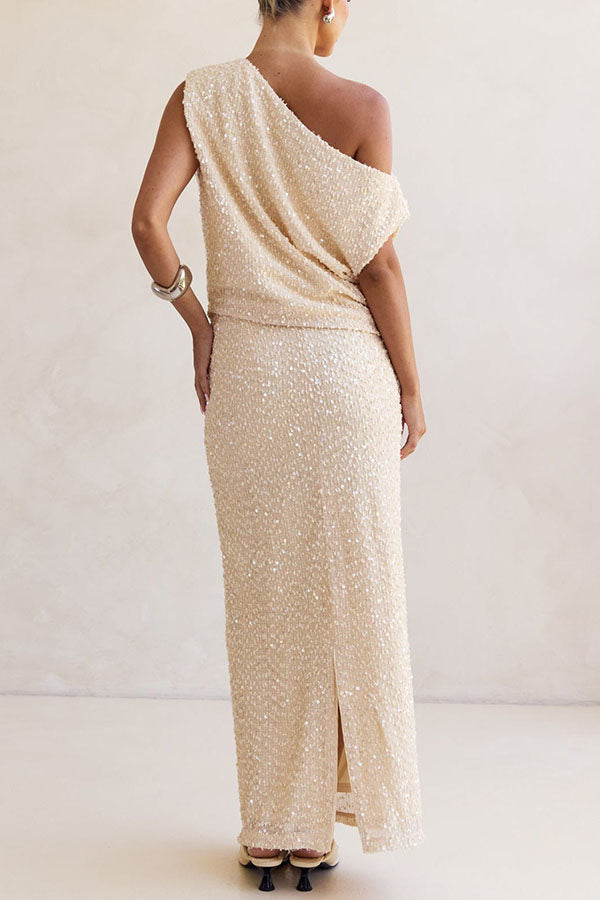 Milla Knit Sequin Asymmetrical Neck Draped Loose Top