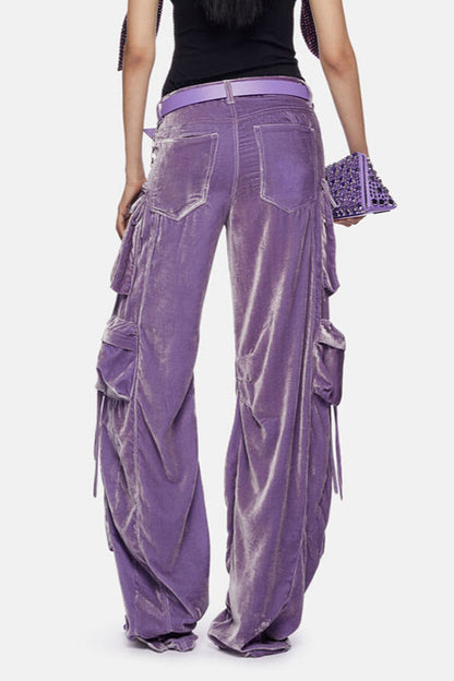 High-Waisted Velvet Straight Cargo Pant
