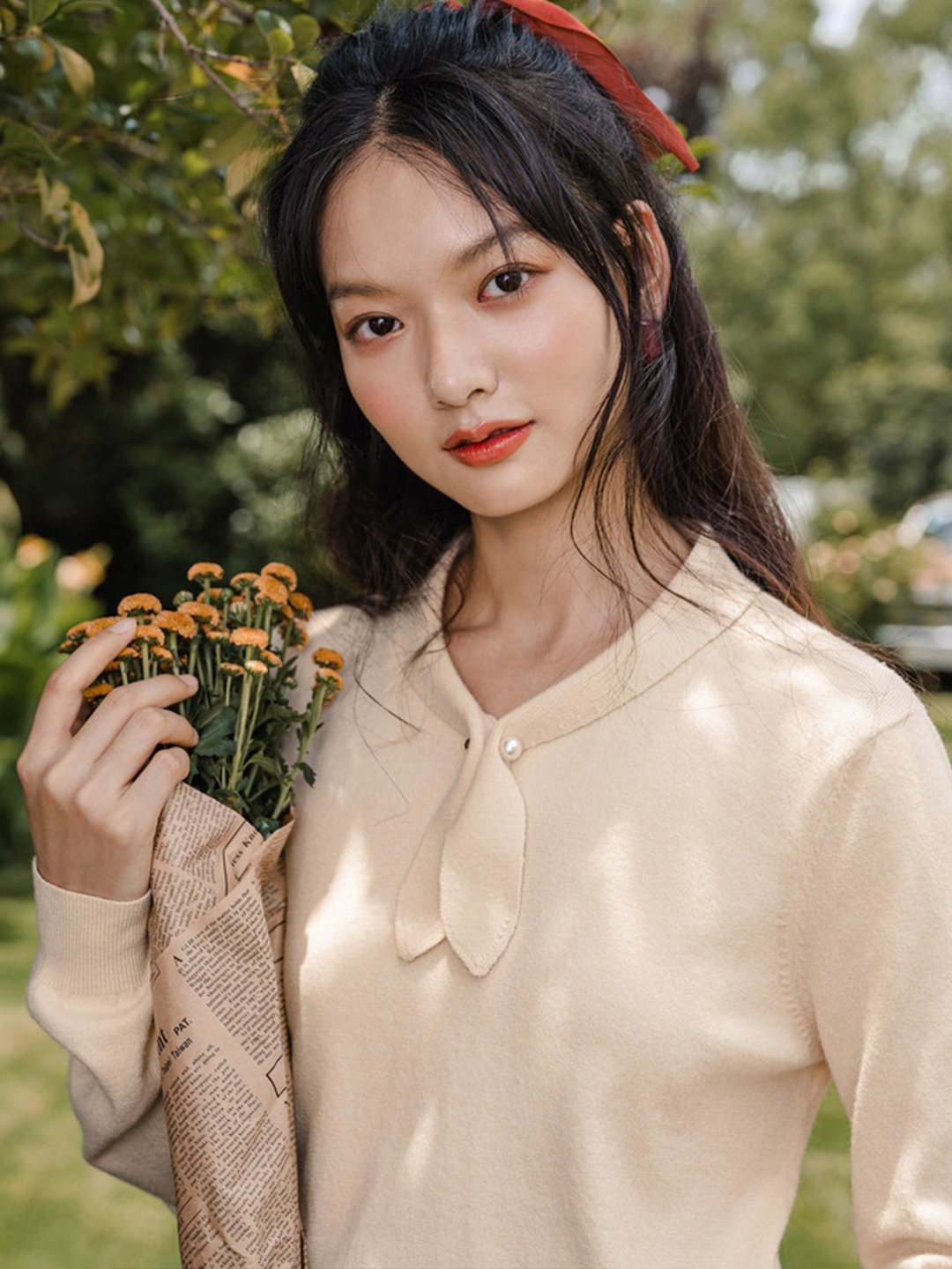 Adorable Vintage Rabbit Collar Knit Red Top-Beige