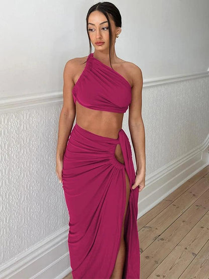 One Shoulder Backless Crop Top & High Slit Skirt Coord Set