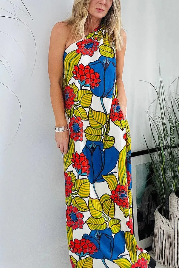 Floral Unique Printed One Shoulder Pocketed Loose Maxi Dress
