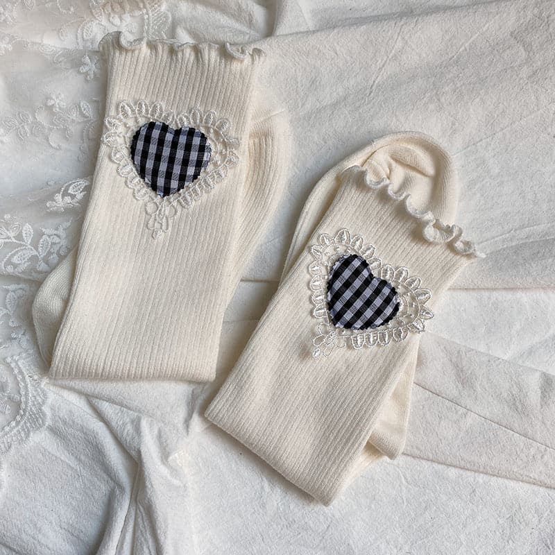 Ruffle heart applique long socks