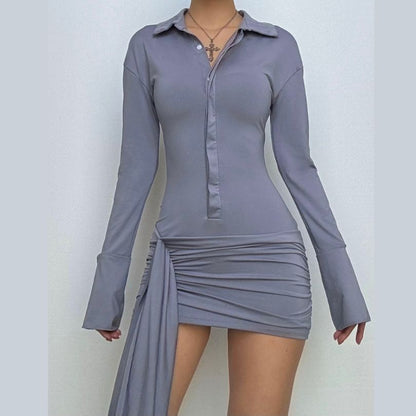 Turnover collar long sleeve button ruched mini dress