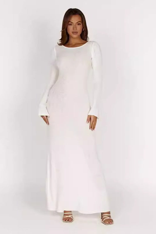 Sexy Knit Backless Tie Waist Long Sleeve Bodycon Dress