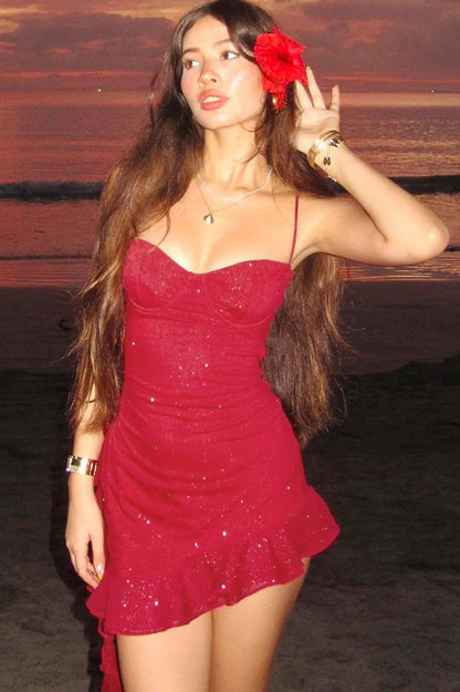 Spaghetti Strap Sequin Ruched Asymmetric Ruffle Hem Mini Dress