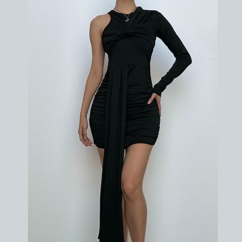 One shoulder long sleeve ruched mini dress