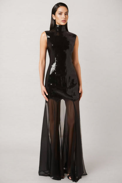 Mayads High Neck Sequin Mesh Maxi Dress
