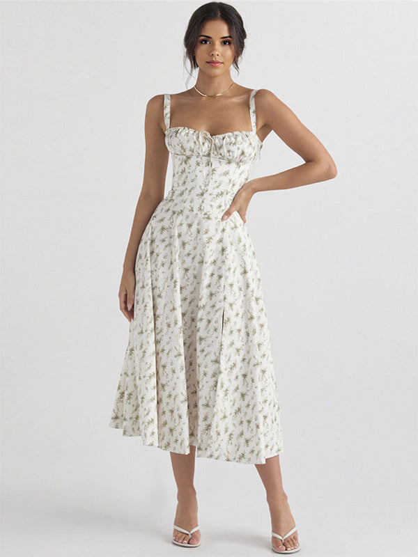 Floral Dress Midi Dress Dresses Floral Print High-slit Straps Neck Sleeveless Cottagecore Summer