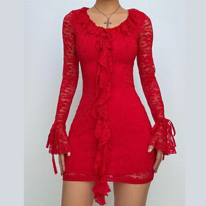 Long flared sleeve u neck lace ruffle mini dress
