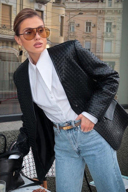 V-Neck Woven Leather Long Sleeve Jacket