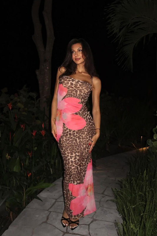 Floral Leopard Print Sleeveless Bodycon Maxi Dress