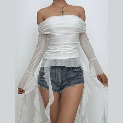 Long flared sleeve off shoulder mesh ruffle solid top
