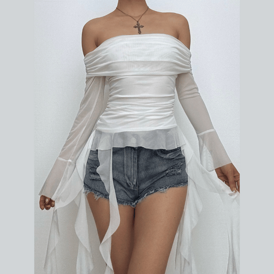 Long flared sleeve off shoulder mesh ruffle solid top