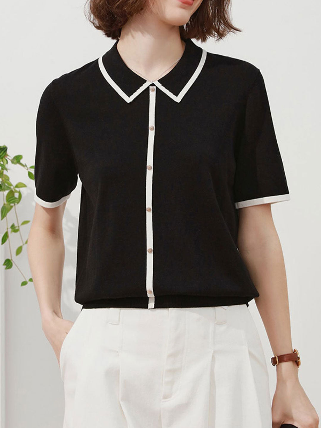 Ava Classic Contrast Lapel Knitted Top