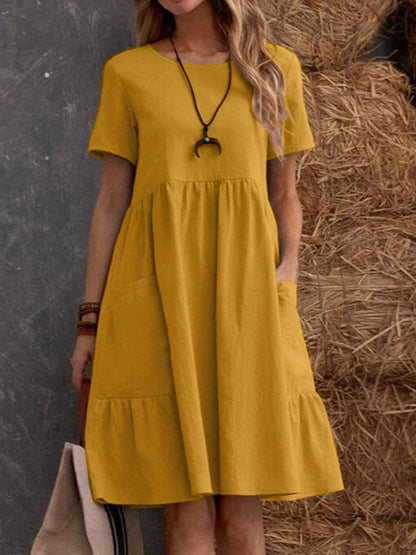 Retro Loose-fitting Pocket Solid Color Round Neck Cotton Linen Short Dress
