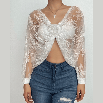 Long puff sleeve lace see through flower applique backless crop top