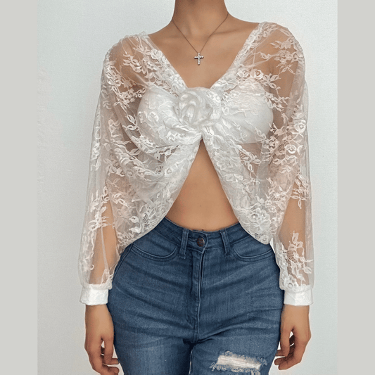 Long puff sleeve lace see through flower applique backless crop top